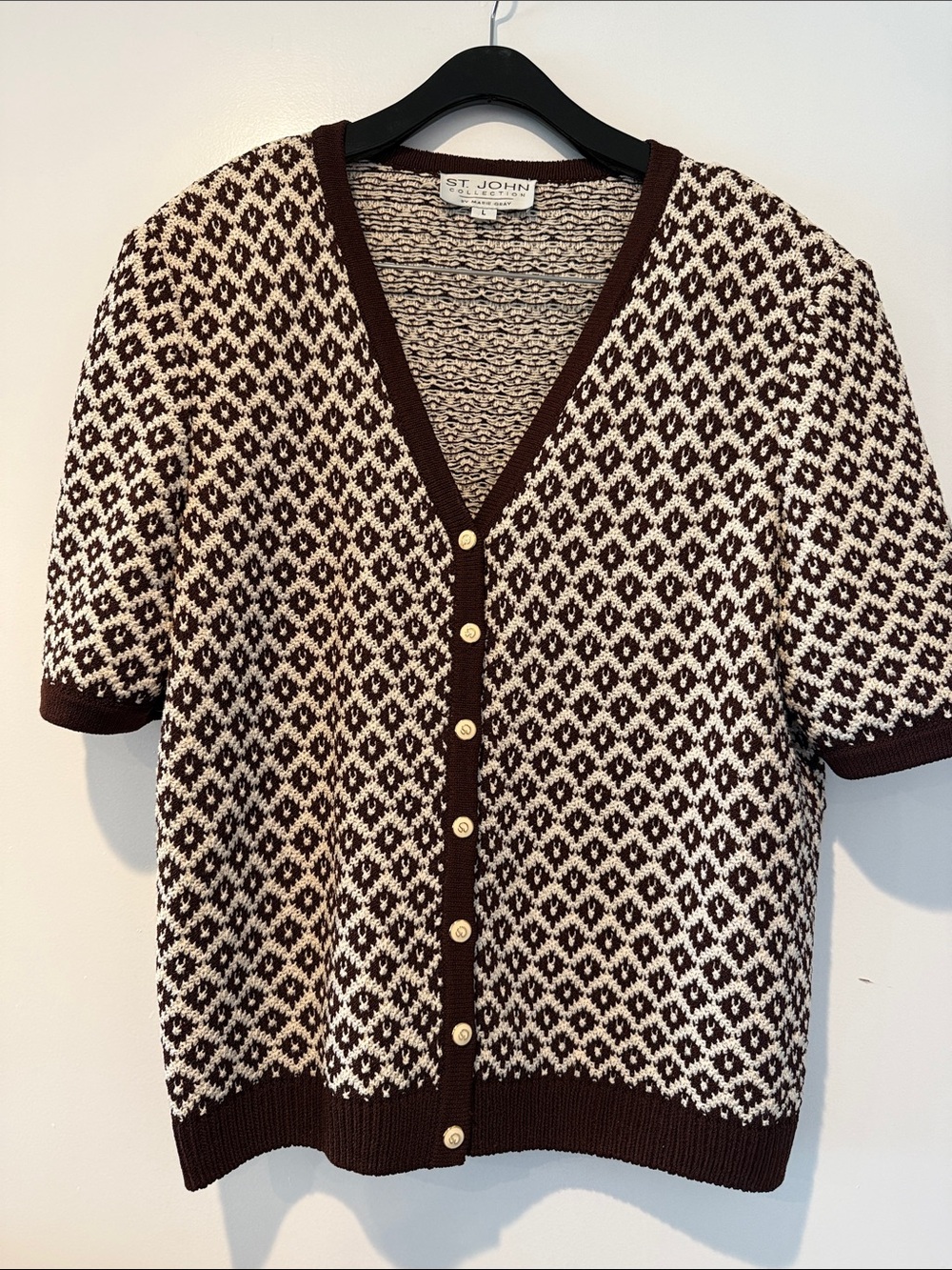 St. John Brown and Cream Short Sleeve Knit Cardigan
